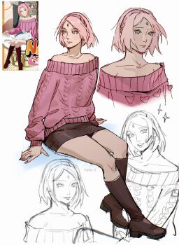 Rule 34 | 1girl, boots, brown boots, brown skirt, cable knit, closed mouth, commentary, english commentary, facial mark, forehead mark, full body, gelley j0, green eyes, hairband, haruno sakura, highres, miniskirt, multiple views, naruto (series), naruto shippuuden, off-shoulder sweater, off shoulder, official alternate costume, parted bangs, parted lips, pink hairband, pink sweater, reference inset, short hair, sitting, sketch, skirt, smile, solo, sparkle, sweater, twitter username, upper body, white background
