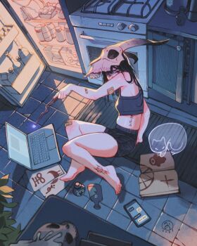 1girl ankle_tattoo artist_logo bandaid bandaid_on_arm bandaid_on_knee bandaid_on_leg barefoot black_hair black_shorts book bottle candle cat cellphone commentary computer covering_own_mouth dated drink_carton english_commentary feet ghost glowing grey_sports_bra highres holding holding_wand indoors jar kitchen laptop logo long_hair looking_at_viewer mask mask_on_head mat messy_hair milk_carton mushroom on_floor open_book original oven paper phone refrigerator refrigerator_interior short_shorts shorts simz sitting skull smartphone solo sports_bra stomach_tattoo stove straight_hair tattoo tile_floor tiles wand yokozuwari