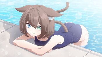 1girl :3 absurdres animal_ear_fluff animal_ears arm_support ass bent_over blue_eyes blue_hair blue_one-piece_swimsuit breasts brown_hair brown_tail cat_ears cat_girl cat_tail closed_mouth clothing_cutout colored_inner_hair commentary crossed_arms green_eyes heterochromia highres indie_virtual_youtuber looking_at_viewer michiyo_mao monsiursandox multicolored_hair one-piece_swimsuit pool poolside school_swimsuit short_hair small_breasts spanish_commentary swimsuit tail tail_through_clothes virtual_youtuber wading water wet wet_clothes wet_swimsuit