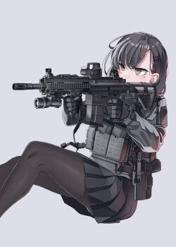 1girl absurdres aiming battle_rifle black_hair brown_eyes desert_(deserteagle0321) flashlight glock gloves gun h&amp;k_hk417 handgun highres holster holstered magazine_(weapon) mole mole_under_eye original pantyhose rifle simple_background solo vertical_foregrip weapon