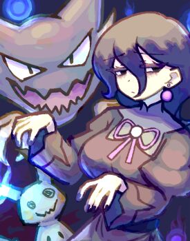 1girl absurdres black_eyes black_hair black_nails closed_mouth commentary dragonostic dress earrings gen_1_pokemon gen_7_pokemon hair_between_eyes half-closed_eyes hands_up haunter hex_maniac_(pokemon) highres jewelry long_hair long_sleeves mimikyu nail_polish nintendo pokemon pokemon_(creature) pokemon_legends:_z-a sphere_earrings