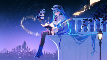 1girl 1other aqua_eyes aqua_hair black_thighhighs blue_coat book closed_mouth coat fur-trimmed_coat fur_trim hat hatsune_miku highres holding holding_book lamppost long_hair long_sleeves looking_at_viewer miku_with_you_(vocaloid) mini_hat mini_top_hat musical_note musical_staff night night_sky outdoors panda panpanmeiyou_hp sitting sky thighhighs top_hat twintails very_long_hair vocaloid white_hat