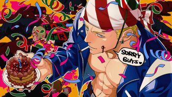 Rule 34 | abs, bandana, belt, belt buckle, billy kane, birthday cake, birthday party, blonde hair, blood, blue eyes, blue jacket, blue pants, brown belt, buckle, cake, christmas tree earrings, cigarette, commentary, confetti, english commentary, english text, fatal fury, food, food on face, hat, highres, holding, holding plate, jacket, jewelry, leather, leather jacket, letter banner, long sleeves, looking at viewer, male focus, multiple boys, muscular, open clothes, open jacket, pants, party hat, pectorals, pink blood, plasticcero99, plate, smile, smoking, speech bubble, streamers, the king of fighters, topless male, unconscious, yellow background