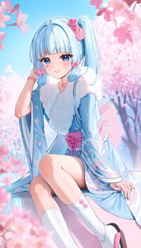 1girl alternate_costume arched_bangs artist_name ayaka_(genshin_impact) blue_eyes blue_hair blue_kimono blush commentary day fingernails fur-trimmed_kimono fur_trim genshin_impact hand_in_own_hair hand_up high_ponytail highres japanese_clothes kimono long_hair looking_at_viewer nail_polish obi outdoors parted_lips pattikou pink_nails pink_sash ponytail sash sitting socks solo very_long_hair white_socks