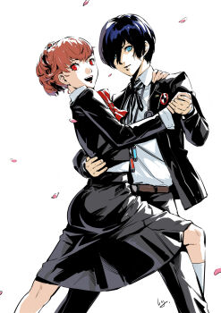 1boy 1girl blue_eyes club3 commentary dancing gekkoukan_high_school_uniform highres holding_hands looking_at_viewer open_mouth persona persona_3 red_eyes school_uniform shiomi_kotone yuuki_makoto_(persona_3)