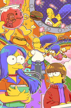 20th_century_fox 70s absurdres aged_down aged_up bald blue_hair book brown_hair burger carrying chawako_(spchawanmushi) child collar colored_skin donut dress flower flying food heart highres homer_simpson hot_dog jacket jellyfish kool-aid long_hair marge_simpson motor_vehicle motorcycle oldschool rainbow retro_artstyle sitting the_simpsons the_simpsons_movie yellow_skin