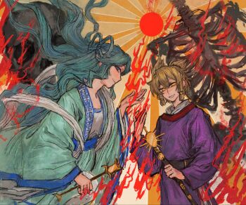 2girls aqua_dress brown_hair dress hair_ornament hair_rings hair_stick highres holding holding_sword holding_weapon jewelry kaku_seiga light_rays looking_at_viewer multiple_girls pointy_hair purple_dress short_hair smile sunbeam sunlight sword taki000626 touhou toyosatomimi_no_miko weapon