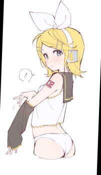 ! 1girl bare_shoulders black_sailor_collar black_sleeves blonde_hair blue_eyes bow bow_hairband cropped_legs detached_sleeves hair_ornament hairband hairpin headphones highres kagamine_rin looking_at_viewer number_tattoo panties rakugaki_ningen sailor_collar shirt short_hair swept_bangs tattoo underwear vocaloid white_background white_bow white_hairband white_panties white_shirt yellow_trim