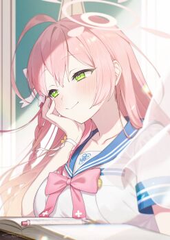 1girl absurdres ahoge blue_archive blue_sailor_collar blush bow bowtie braid breasts bright_pupils classroom closed_mouth commentary_request curtains desk green_eyes halo hanako_(blue_archive) hand_on_own_cheek hand_on_own_face highres large_breasts long_hair looking_afar looking_ahead mechanical_pencil notebook overexposure pencil pink_bow pink_bowtie pink_hair pink_halo ribbon sailor_collar sarukichi school_desk shirt short_sleeves side_braid sidelighting single_braid smile solo upper_body very_long_hair white_pupils white_shirt wind wrist_ribbon