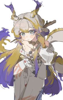 Rule 34 | 1girl, absurdres, aqua eyes, arknights, bare shoulders, blonde hair, blue hair, blue horns, blush stickers, breasts, collarbone, colored extremities, colored skin, commentary request, cowboy shot, dot nose, dragon girl, dragon horns, dragon tail, earrings, eastern dragon horns, eastern dragon tail, embarrassed, grey hair, hair intakes, hair ornament, hair stick, highres, horns, jewelry, leaning forward, long hair, looking at viewer, mufetojiiba, multicolored hair, multicolored horns, orange pupils, pants, pointy ears, shirt, shu (arknights), small breasts, solo, strapless, strapless shirt, tassel, tassel earrings, wavy mouth, white pants, yellow hands, yellow horns, yellow skin