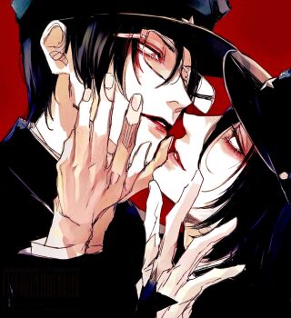 Rule 34 | 2boys, arm up, black hat, black jacket, collared jacket, commentary request, eye contact, glasses, hand on another's face, hat, highres, imminent kiss, jacket, kaneda riku, layered sleeves, lips, litchi hikari club, long sleeves, looking at another, male focus, multiple boys, parted lips, peaked cap, profile, rectangular eyewear, red background, shirt, simple background, suzrai63, upper body, white shirt, yaoi, zera (litchi hikari club)