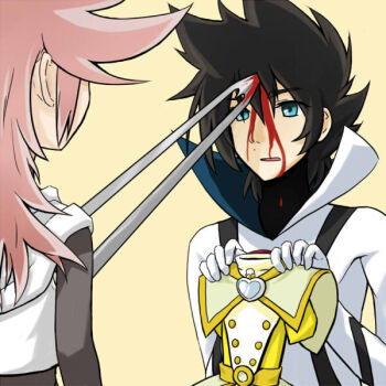 1boy 1girl asuka_momoko asuka_momoko_(cosplay) black_hair blood blood_on_face blue_eyes bodysuit casshern casshern_(series) casshern_sins commentary_request cosplay dagger dress hair_between_eyes holding holding_unworn_clothes holding_unworn_dress imminent_forced_dressing jamadhar kagiana knife long_bangs long_hair looking_at_another lyuze miyahara_nami ojamajo_doremi open_mouth pink_hair popped_collar simple_background stab unworn_dress upper_body voice_actor_connection weapon white_bodysuit yellow_background