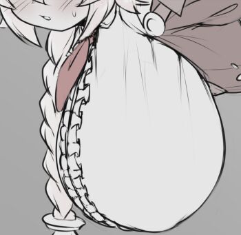 1girl ahoge blazblue blush braid braided_ponytail breast_focus breasts es_(xblaze) eyes_out_of_frame grey_background hair_between_eyes hanging_breasts head_out_of_frame huge_ahoge huge_breasts long_hair monochrome necktie open_mouth pldf ponytail red_necktie shirt sidelocks solo spot_color sweatdrop tented_shirt white_background white_shirt