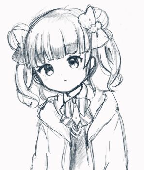 1girl :< animated animated_gif arms_at_sides blunt_bangs blush bow bowtie closed_eyes dot_nose double_bun drawstring facing_viewer graphite_(medium) hair_bun highres hood hood_down hooded_jacket hyodou_shizuku idoly_pride jacket leaning_forward long_bangs looking_at_viewer nononooon open_clothes open_jacket parted_lips school_uniform short_hair short_twintails sidelocks simple_background squeans sleeping solo striped_bow striped_bowtie striped_clothes sweater traditional_media twintails upper_body v-neck white_background