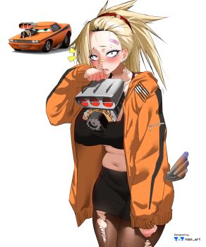 1girl absurdres artist_logo artist_name bandaid bandaid_on_face bandaid_on_forehead black_shorts black_sports_bra blonde_hair blush bra breasts cars_(movie) constricted_pupils crying crying_with_eyes_open exhaust_pipe eyeshadow face_piercing fang genderswap genderswap_(mtf) green_eyes high_ponytail highres jacket large_breasts logo long_hair looking_at_viewer makeup nisp_art orange_jacket original pantyhose personification photo_inset piercing plump ponytail purple_eyeshadow reference_inset short_shorts shorts simple_background sleeves_past_wrists snot solo sports_bra striped_bra striped_clothes striped_jacket striped_shorts tears torn_clothes torn_pantyhose underwear vertical-striped_clothes vertical-striped_jacket white_background zipper zipper_pull_tab