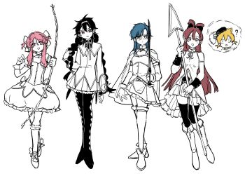 1girl 4boys ? akemi_homura akemi_homura_(cosplay) akemi_homura_(magical_girl) alibaba_saluja blonde_hair blue_hair boots bow bow_(weapon) braid braided_twintails cape cosplay crossdressing dress full_body hair_bow hairband highres holding holding_bow_(weapon) holding_polearm holding_sword holding_weapon judal kaname_madoka kaname_madoka_(cosplay) kaname_madoka_(magical_girl) long_hair magi_the_labyrinth_of_magic magical_girl mahou_shoujo_madoka_magica medium_hair miki_sayaka miki_sayaka_(cosplay) miki_sayaka_(magical_girl) multiple_boys open_mouth pantyhose partially_colored pink_eyes pink_hair polearm red_eyes red_hair ren_hakuryuu ren_kougyoku ren_kouha sakura_kyoko sakura_kyoko_(cosplay) sakura_kyoko_(magical_girl) shirt shoes short_hair simple_background skirt smile socks spear standing sword thighhighs tomoe_mami tomoe_mami_(cosplay) tomoe_mami_(magical_girl) weapon white_background wrist_cuffs xuancheng