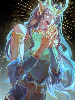 1girl bare_shoulders black_hair commentary dress english_commentary genderswap genderswap_(mtf) green_dress green_eyes grin highres lady_loki loki_(marvel) long_hair looking_at_viewer marvel smile solo thor_(marvel)_(series) xuqin37179277