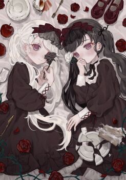 2girls absurdres black_dress black_flower black_hair black_ribbon black_veil blush bow broken_plate closed_mouth commentary_request cowboy_shot cup curusucururi dress drinking_glass flower fork frilled_dress frilled_shirt_collar frills hair_bow hair_ornament hair_ribbon hand_to_own_mouth hand_up hands_up highres knife lolita_fashion long_hair long_sleeves lying mary_janes multiple_girls on_side original pink_eyes plant plate puffy_long_sleeves puffy_sleeves red_bow red_flower red_ribbon red_rose red_shoes ribbon ribbon-trimmed_sleeves ribbon_trim rose shoes smile spill swept_bangs tea teacup thorns twintails twitter_username unworn_shoes veil vines white_flower white_hair white_ribbon wine_glass x_hair_ornament
