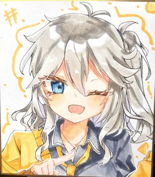1girl absurdres blue_eyes grey_hair hamano_yui highres kasukabe_tsumugi long_hair looking_at_viewer one_eye_closed one_side_up open_mouth portrait shikishi solo traditional_media voicevox