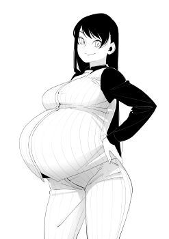 1girl absurdres breasts closed_mouth collared_shirt commentary cowboy_shot english_commentary greyscale hand_on_own_hip highres ibnu_rusydi large_breasts looking_at_viewer monochrome pants pregnant shirt simple_background smile solo standing striped_clothes striped_pants striped_vest tougen_anki vertical-striped_clothes vertical-striped_pants vertical-striped_vest vest white_background