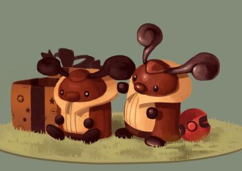 absurdres box cherish_ball commentary_request full_body gen_4_pokemon gift gift_box grass grey_background highres king_joe_(neoroto) kricketot nintendo no_humans poke_ball poke_ball_print pokemon pokemon_(creature) pokemon_focus simple_background sitting standing star_(symbol) star_print