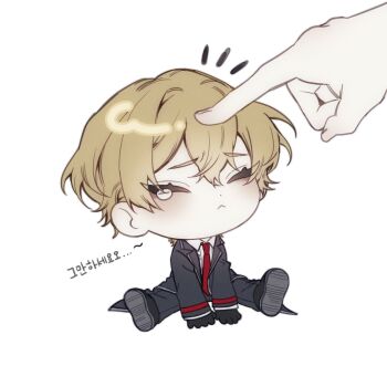 Rule 34 | 1boy, 1other, 3cnfw, black gloves, black shoes, black suit, blonde hair, blush, closed eyes, closed mouth, collared shirt, commentary request, formal clothes, frown, full body, gloves, highres, korean commentary, korean text, limbus company, male focus, necktie, project moon, red necktie, shirt, shoes, short hair, simple background, sinclair (project moon), solo, suit, tearing up, white background, white shirt
