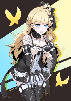 1girl :d absurdres black_bow black_choker black_sleeves black_thighhighs blonde_hair blue_eyes bow braid breasts bug butterfly choker cleavage collarbone cowboy_shot detached_sleeves ear_piercing earrings frilled_skirt frills hair_bow highres insect jewelry lolita_fashion long_hair long_sleeves mahou_shoujo_no_majo_saiban medium_breasts mononobe_nekuro open_mouth piercing saeki_miria single_braid skirt smile solo standing striped_clothes striped_skirt sweatdrop thighhighs twitter_username vertical-striped_clothes vertical-striped_skirt vertical-striped_sleeves very_long_hair yellow_butterfly zettai_ryouiki