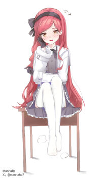 1girl absurdres artist_name black_bow black_hairband blue_archive blush bow chair collared_shirt dress feet frilled_skirt frills full_body gloves hair_bow hair_ornament hairband hand_on_own_chin hashtag-only_commentary head_tilt highres jacket knees_up legs long_hair long_sleeves looking_at_viewer mannaha7 no_shoes open_mouth pleated_skirt puffy_sleeves red_hair ribbon shirt sidelocks sitting skirt sleeves_past_wrists smile solo sweatdrop swept_bangs takane_(blue_archive) thighhighs toes twitter_username v-shaped_eyebrows very_long_hair white_background white_thighhighs yellow_eyes