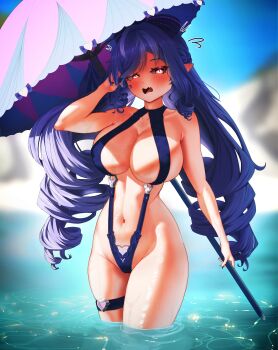 absurdres bare_shoulders beach_umbrella bow breasts casual_one-piece_swimsuit clothing_cutout hair_bow hands_up highres large_breasts long_hair looking_at_viewer mole mole_under_eye nail_polish nazquifgv official_alternate_costume one-piece_swimsuit pointy_ears purple_bow purple_hair purple_nails red_eyes solo stomach stomach_cutout swimsuit thick_thighs thighs umbrella very_long_hair vivian_banshee white_one-piece_swimsuit zenless_zone_zero