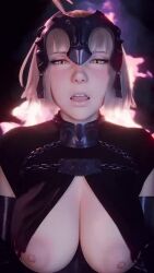 1girl 3d ahoge animated armor blonde_hair breasts breasts_out capelet fate_(series) fire headpiece highres j9006 jeanne_d&#039;arc_(fate) jeanne_d&#039;arc_alter_(fate) jiggle large_breasts medium_hair nipples open_mouth pov realistic tagme torn_clothes upper_body video yellow_eyes