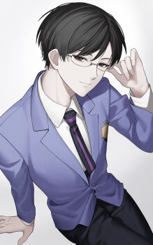 1boy absurdres adjusting_eyewear arm_support black_hair black_pants brown_eyes closed_mouth collared_shirt commentary_request glasses highres jacket male_focus necktie nmi_panta ootori_kyouya ouran_high_school_host_club ouran_high_school_uniform pants purple_jacket school_uniform shirt short_hair simple_background sitting solo white_background white_shirt