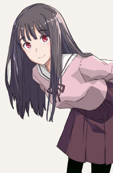 Rule 34 | 1girl, alternate costume, arms behind back, closed mouth, commentary request, highres, hime cut, houraisan kaguya, jack (wkm74959), leaning forward, long hair, looking at viewer, no headwear, one-hour drawing challenge, pantyhose, pink serafuku, red eyes, red skirt, school uniform, serafuku, skirt, smile, solo, touhou