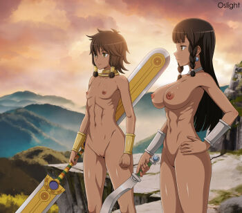 black_hair breasts cleft_of_venus cloud cloudy_sky commentary completely_nude cowboy_shot dark-skinned_female dark_skin double_blade dungeon_ni_deai_wo_motomeru_no_wa_machigatteiru_darou_ka english_commentary expressionless flat_chest from_side green_eyes hair_tubes hand_on_own_hip holding holding_weapon large_breasts long_hair looking_to_the_side mountain mountainous_horizon navel nipples nude orange_sky oslight outdoors paid_reward_available pussy short_hair siblings sisters sky standing thighs tiona_hyryute tione_hyryute toned toned_female weapon