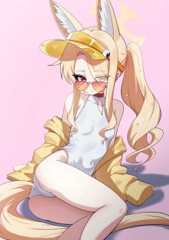 1girl absurdres animal_ear_fluff animal_ears blonde_hair blue_archive breasts clothing_cutout commentary_request covered_navel cross_halo diamond_cutout feet_out_of_frame fox_ears fox_girl fox_tail halo highleg highleg_one-piece_swimsuit highres jacket long_hair official_alternate_costume official_alternate_hairstyle one-piece_swimsuit orange-tinted_eyewear orange_eyes pink_background seia_(blue_archive) seia_(swimsuit)_(blue_archive) side_ponytail sitting small_breasts solo sunglasses swimsuit tail tay_(cdjk7758) tinted_eyewear visor_cap white_one-piece_swimsuit yellow_halo yellow_jacket yellow_visor yokozuwari