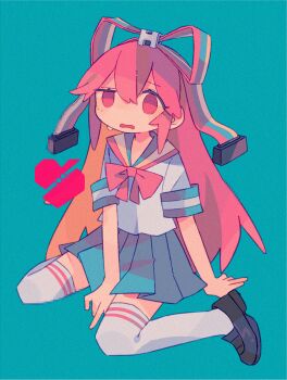 1girl @_@ arm_behind_back arm_support bare_arms between_legs black_shoes blue_background blue_skirt bow bowtie broken_heart censored closed_mouth d: daizu_(melon-lemon) eyebrows female_focus film_grain frown full_body giffany gravity_falls hair_between_eyes hair_ribbon hand_between_legs heart highres loafers long_hair miniskirt mosaic_censoring multicolored_ribbon no_nose open_mouth pink_bow pink_bowtie pink_eyes pink_hair pleated_skirt ribbon sailor_collar school_uniform serafuku shirt shoes short_sleeves sitting skirt sleeve_cuffs solo static striped_ribbon thighhighs uneven_eyes very_long_hair wariza white_shirt white_thighhighs zettai_ryouiki