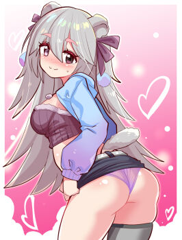 1girl animal_ears ass blush breasts brown_eyes clothes_lift cougar_(cougar1404) embarrassed from_behind grey_hair hair_ribbon jacket long_hair looking_at_viewer medium_breasts panties pencil_skirt ribbon sideboob single_thighhigh skirt skirt_lift smile solo sweatdrop tail thick_thighs thighhighs thighs underwear very_long_hair