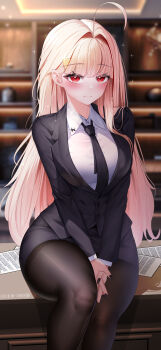 1girl absurdres ahoge black_nails black_necktie black_pantyhose black_skirt blunt_bangs blush breasts ceiling ceiling_light closed_eyes collared_shirt commentary_request hair_intakes hair_ornament highres indoors jacket jingburger korean_commentary korean_text large_breasts long_hair looking_at_viewer nail_polish necktie office_lady on_table own_hands_together pantyhose paper pencil_skirt red_eyes shirt sitting skirt sleeves_past_wrists smile solo sparkle suit_jacket table thighband_pantyhose thighs triangle_hair_ornament v_arms very_long_hair virtual_youtuber waktaverse white_shirt wing_collar yeon_do_e