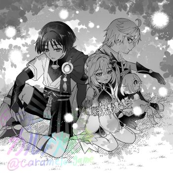 2boys 2girls aether_(genshin_impact) ahoge anklet arm_at_side arm_on_knee arm_support armlet armor belt bloomers blunt_ends blush_stickers bodysuit boots bow bracelet braid bridal_gauntlets caramelo_game closed_mouth commentary_request cross-shaped_pupils detached_sleeves dress feathers furisode gem genshin_impact gloves greyscale hair_between_eyes hair_intakes hair_ornament hakama hakama_shorts half_crown_braid halo highres japanese_armor japanese_clothes jewelry juban kimono kote layered_sleeves leaf leaf_hair_ornament leg_warmers long_hair low-braided_long_hair low-tied_long_hair mechanical_halo middle_ring monochrome multiple_boys multiple_girls nahida_(genshin_impact) open_clothes open_hand open_kimono open_mouth outdoors paimon_(genshin_impact) pleated_shorts pointy_ears pom_pom_(clothes) romper rope sandals sash scaramouche_(genshin_impact) scarf shirt short_dress short_sleeves shorts side_cape side_ponytail sidelocks sideways_mouth sitting smile stirrup_footwear stirrup_legwear symbol-shaped_pupils tassel toeless_legwear tsurime twitter_username underwear vision_(genshin_impact) wanderer_(genshin_impact) wariza wispy_bangs zouri