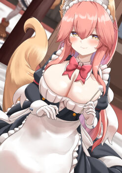 2girls animal_ear_fluff animal_ears apron black_dress blush breasts cleavage dress fate/grand_order fate_(series) fox_ears fox_girl fox_tail gloves hair_between_eyes highres large_breasts long_hair long_sleeves looking_at_viewer maid maid_headdress multiple_girls pink_hair sidelocks smile solo solo_focus tail tamamo_(fate) tamamo_cat_(fate) tamamo_cat_(second_ascension)_(fate) tamamo_no_mae_(fate) totororo waist_apron white_apron white_gloves wrist_cuffs yellow_eyes