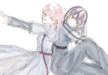 2girls back-to-back bang_dream! bang_dream!_it&#039;s_mygo!!!!! black_hair chihaya_anon commentary fang grey_eyes grey_hair grey_pants highres latte_bf layered_sleeves long_hair long_sleeves mitsuketa_keshiki_tazusaete multiple_girls one_eye_closed open_mouth pants pink_hair purple_eyes shiina_taki short_over_long_sleeves short_sleeves simple_background skin_fang white_background