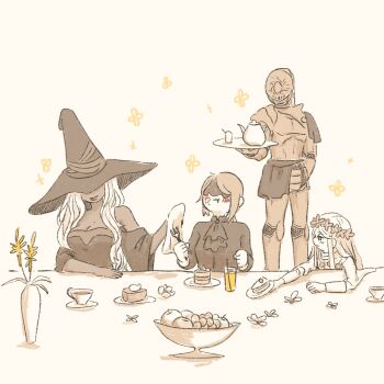 1boy 3girls armor ascot blindfold_mask blush bowl breastplate cake cake_slice chewing cup dress duchess_(elden_ring) elden_ring elden_ring_nightreign executor_(arknights) eye_mask flower_wreath food fork fruit greyscale hat hat_over_eyes head_wreath helmet highres holding holding_cloth holding_fork holding_plate kettle long_hair low_ponytail mask monochrome multiple_girls plate ponytail profile recluse_(elden_ring) revenant_(elden_ring) shirt shoulder_armor smile spot_color sugulu vase wide_sleeves witch witch_hat