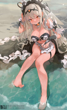 Rule 34 | 1girl, apron, artery gear, artery gear: fusion, bare legs, barefoot, black skirt, breasts, bridal gauntlets, character request, chinese commentary, cleavage, collarbone, commentary request, cream (artery gear), detached collar, dm (dai miao), earrings, feet, frilled apron, frilled skirt, frills, from above, full body, hair between eyes, highres, jewelry, knees together feet apart, large breasts, legs, long hair, looking at viewer, maid headdress, orange eyes, single bridal gauntlet, single wrist cuff, sitting, skirt, soaking feet, solo, thigh strap, thighlet, toes, upturned eyes, very long hair, water, white apron, white hair, wrist cuffs