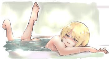 1girl ass ass_peek blonde_hair blush character_request check_copyright check_gender commentary_request completely_nude copyright_request dripping gender_request ginnkei green_background half-closed_eyes legs_up looking_at_viewer nude open_mouth original partially_submerged pool poolside short_hair smile solo swept_bangs water