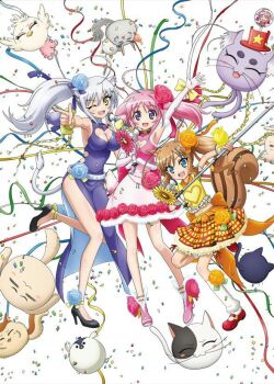 Rule 34 | 10s, 3girls, :d, ;d, animal ears, arm up, armpits, bare legs, bare shoulders, blue dress, blue eyes, blush, bracelet, brown hair, cat ears, cat tail, clothing cutout, confetti, creature, dog days, dress, elbow gloves, flower, foreshortening, fur trim, gloves, hair flower, hair ornament, heart, heart cutout, jewelry, kuberu e pastillage, leg up, leonmitchelli galette des rois, looking at viewer, millhiore f. biscotti, multiple girls, navel, official art, one eye closed, open mouth, pink dress, pink flower, pink rose, plaid clothes, plaid skirt, pleated skirt, ponytail, purple eyes, rose, side ponytail, side slit, simple background, skirt, sleeveless, sleeveless dress, smile, squirrel ears, squirrel tail, standing, standing on one leg, stomach, tail, whiskers, white background, white gloves, yellow skirt