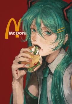 absurdres aqua_eyes aqua_hair aqua_necktie burger collared_shirt commentary_request earrings eating food hair_between_eyes hair_ornament hairclip hatsune_miku highres holding holding_burger holding_food jewelry lettuce long_hair looking_at_viewer mcdonald&#039;s multicolored_nails nail_polish necktie red_background shirt sleeveless sleeveless_shirt twintails upper_body vocaloid white_shirt zhao_kinoe
