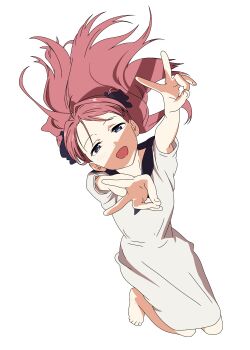 1girl absurdres black_ribbon blue_eyes commentary double_v dress hair_ribbon highres kamiina_botan kamiina_botan_yoeru_sugata_wa_yuri_no_hana long_hair looking_at_viewer open_mouth pink_hair quelcom ribbon simple_background two_side_up v white_background white_dress