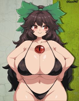 1girl bikini black_bikini blush bow breasts brown_hair cleavage closed_mouth collarbone commentary cowboy_shot curvy double-parted_bangs english_commentary green_bow hair_bow hands_on_own_hips highleg highleg_bikini highres huge_breasts legs_together long_hair namako_daibakuhatsu_(style) navel pixel_art red_eyes reiuji_utsuho seireiart shiny_skin sideways_glance smile solo standing swimsuit third_eye_on_chest touhou twitter_username very_long_hair wide_hips