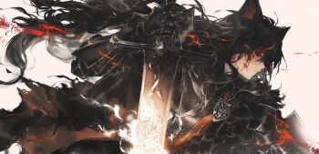 1girl absurdres animal_ears armor barding black_armor black_hair blood blood_on_face colored_inner_animal_ears double_exposure eye_trail floating_hair fox_ears fox_girl from_side gauntlets glowing glowing_eyes highres holding holding_sword holding_weapon hololive horseback_riding kurokami_fubuki kyoko_(zeprii4) leaning_forward light_trail long_hair orange_eyes parted_lips red_eyes riding serious shirakami_fubuki solo sword upper_body very_long_hair virtual_youtuber weapon white_background