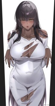 1girl absurdres black_hair blue_archive blush breasts cleavage cleavage_cutout clothing_cutout collarbone covered_groin covered_navel dark-skinned_female dark_skin dress ghost_costume ghost_pose gradient_hair hair_between_eyes highres karin_(blue_archive) kuro_artis_(kuru-kuru) large_breasts long_hair looking_at_viewer multicolored_hair open_mouth single_bare_shoulder solo thighs torn_clothes torn_dress very_long_hair white_dress yellow_eyes
