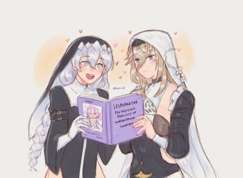 Rule 34 | + +, 2girls, absurdres, aliz sf, aponia, black dress, blue eyes, book, breasts, commentary, dress, elysia (herrscher of human: ego) (honkai impact), elysia (honkai impact), english commentary, english text, hair between eyes, highres, holding, holding book, honkai (series), honkai impact 3rd, kallen kaslana, large breasts, long braid, long hair, medium hair, mole, mole under eye, multiple girls, nun, nun headdress, open mouth, simple background, smile, very long hair, white hair